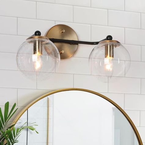 Modern 2-Light Black Gold Bathroom Vanity Lights Globe Glass Wall Sconces - 14.5" L x 7.5" W x 8" H - On Sale - Bed Bath & Beyond - 35511453 Globe Bathroom Light Fixture, Black And Gold Vanity Light, Black And Gold Hardware Bathroom, Globe Vanity Light, Double Vanity Lighting, Black Gold Bathroom, Bathroom Light Fixtures Over Mirror, Gold Bathroom Fixtures, 2 Light Vanity Light