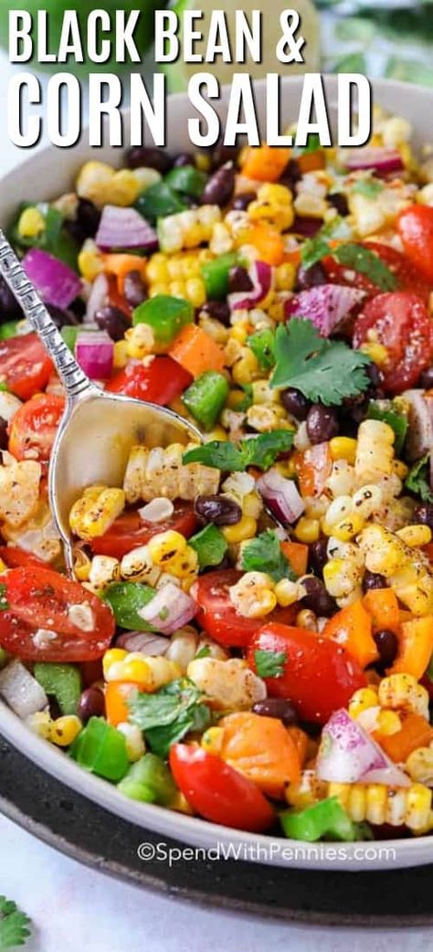 Black Bean and Corn Salad {ready in 20 mins} - Spend With Pennies Summer Corn Salad With Feta, Grilled Corn And Black Bean Salad, Salads With Peppers, Corn On The Cob Party Ideas, Corn Pepper Salad, Corn And Pepper Salad, Summer Spicy Corn Salad, Easy Veggie Salad, Summer Healthy Salads