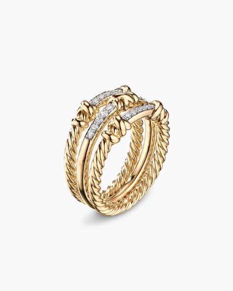 In the Helena Collection, David Yurman returns to the longer, leaner twist of his first handmade Cable bracelet, wrapping the iconic form with 18K yellow gold threads accented with hand-set pavé diamonds. 18-karat yellow gold Pav diamonds, 0.21 total carat weight Ring, 12mm"} David Yurman Petite Helena Wrap Three Row Ring in 18K Yellow Gold with Diamonds, 12mm | Women's | Size 5 David Yurman Engagement Ring, David Yurman Ring, David Yurman Bracelet, Rings Women, Cable Bracelets, Jewels Rings, Classy Jewelry, Jewelry Lookbook, Rings Set