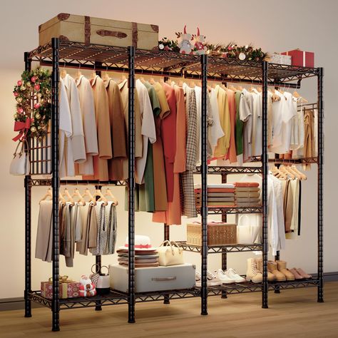 PRICES MAY VARY. 【Extra Large Size & All-in-one Multifunction Closet Rack】Extra large garment rack size 76.2"W X 15.9"D X 76.2"H offers you various storage area to place your clothes,accessories, shoes,etc. Clothes hanging rod is great for hanging suits, coats, long dresses, shirts or other clothes. Shoes can be put on the bottom of the shelf,and quilt,blanket and storage box can be organized on the shelves. Portable closet is suitable for cloakrooms, bedrooms, apartments,school dormitories, etc Standing Closet, Portable Clothes Rack, Free Standing Closet, Clothing Racks, Closet Rack, Metal Clothes Rack, Heavy Duty Clothes Rack, No Closet Solutions, Portable Closet