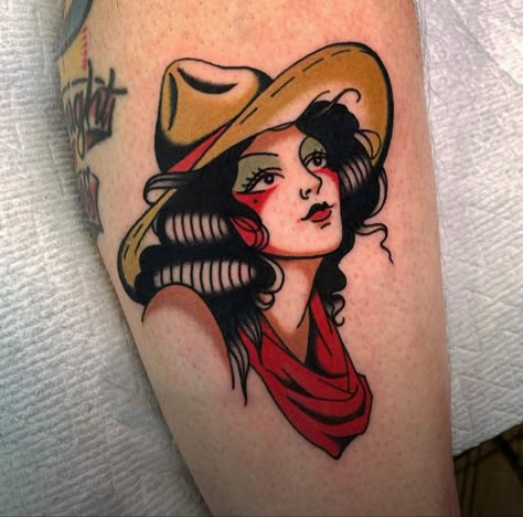 Funny Skeleton Tattoo, Cowgirl Pinup Tattoo, Traditional Tattoo Face, Traditional Tattoo Woman Face, Traditional Tattoo Pin Up, Traditional Tattoo Girls, Cowgirl Pinup, Traditional Tattoo Woman, Pinup Tattoo