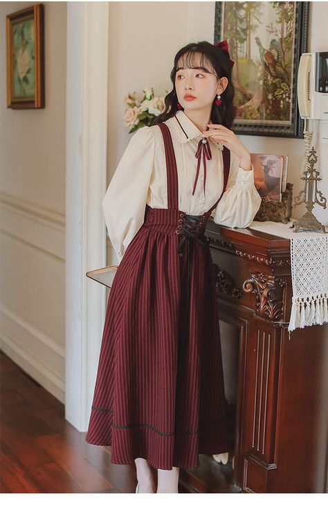 ❤Lace Collar Bowtie Shirt + Corset Stripe Skirt❤Unit (cm)   shirt  S.  Length 59 Shoulder Width 37 Sleeve Length 57 Chest 92  M.  Length 60 Shoulder Width 38 Sleeve Length 58 Chest 96  L.  Length 61 Shoulder width 39 Sleeve length 59 Chest measurement 100  XL  Length 62 Shoulder width 40 Sleeve length 60 Chest measurement 104   one piece  S.  Length 84 Waist 64  M.  Length 85 Waist 68  L.  Length 86 Waist 72  XL  Length 87 Waist 76 Cottage Academia Fashion, Light Academia Clothes, Light Academia Fashion, Shirt Corset, Drama Clothes, Dresses Fairy, Clothes Cottagecore, Clothing Cottagecore, Era Victoria