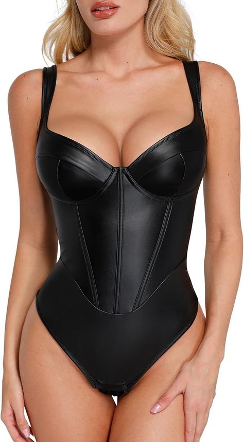 Popilush Leather Corset Bodysuit for Women Tummy Control V Neck Thong Shapewear Sleeveless Body Suit Trendy Tops at Amazon Women’s Clothing store V Corset, V Neck Corset, Neck Corset, Corset Bodysuit, Leather Bodysuit, Shapewear Bodysuit, Leather Corset, Tops Black, Black Bodysuit