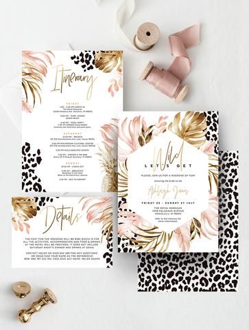 Let's Get Wild Bachelorette Party Invitation with Details and Weekend Schedule Itinerary Template, Editable, Printable, Instant Download, Birthday Pool Party Invites, Girls Weekend Trip, Hen Day Decorations, Bridal Shower Decor, Paper Stationery, Surprise Trip Itinerary, Vacation Holiday, Boho Chic, Safari, Jungle, Tropical, Girls Night Out, Leopard Print, Cheetah Print, Evite, DIY Safari Bachelorette, Wild Bachelorette Party, Weekend Schedule, Bachelorette Weekend Invitations, Gold Foil Texture, Bachelorette Party Invitation, Jungle Tropical, Bachelorette Invitations, Safari Jungle