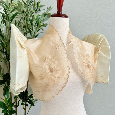 Elegant Natural Beige Embroidered Pina Organza Terno Filipiniana Butterfly Sleeve Bolero With Standing Collar. Beautiful And Elegant Cover Perfect To Put Over A Simple Black Dress Or Any Colored Dress To Style Up Your Outfit. Perfect For Weddings And Special Occasions. Philippine Costume. Sizing: S - 34” Bust M - 36” Bust L - 38” Bust Xl - 40” Bust 2xl - 42” Bust If You Are Between Sizes, For Example, You Wear Small And Medium Tops, I Recommend Getting Size Medium. If You Wear All Size Medium To Filipiniana Pantsuit, Terno Filipiniana, Philippine Costume, Bolero Filipiniana, Filipino Dress, Filipiniana Dress, Space Dress, Sleeve Bolero, Velvet Bridesmaid Dresses