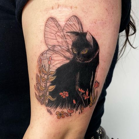 Cat Tattoos With Flowers, Dog Fairy Tattoo, Fairy Cat Tattoo, Wreath Tattoo, Fairy Circle, Black Cat Tattoos, Circle Tattoo, Cat Plants, Plant Tattoo