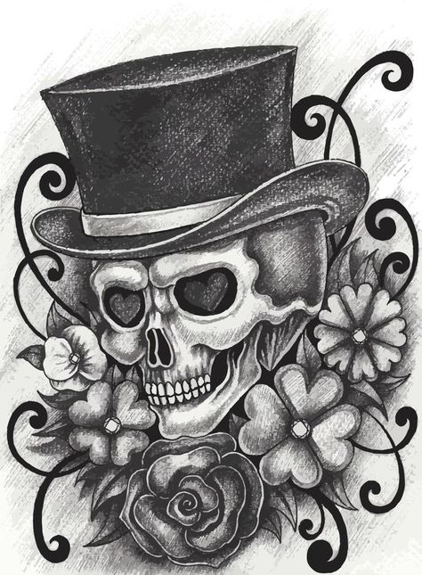 Art fancy genterman skull day of the dead. Hand drawing and make graphic vector. Art Skull Drawing, Hand Pencil Drawing, Dead Hand, Skull Day Of The Dead, Pitch Dark, Day Of The Dead Skull, Design Mandala, Flowers Illustration, Drawing On Paper