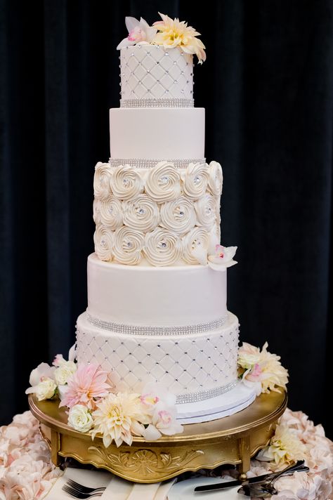 Five-Tier Wedding Cake With Iced Rose Detailing 5 Tier Cake, Layer Wedding Cake, 5 Tier Wedding Cake, Rosette Cake Wedding, 5 Tier Wedding Cakes, Tall Wedding Cakes, Engagement Roses, Wedding Cake Images, Tiered Cake Design