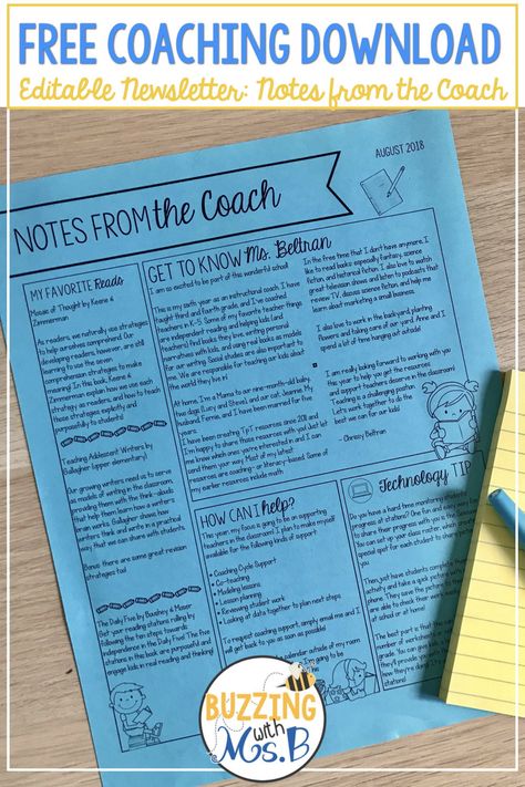 This free editable download will help you create a newsletter to share updates and content with your teachers! Instructional coaches need to keep their teachers up to date about events, tips, and initiatives. Share everything teachers need with this fun editable template! #coachingnewsletter #newslettertemplate Math Coach Newsletter, Instructional Coach Newsletter, Literacy Coach Newsletter, Curriculum Coach, Instructional Coach Office, Instructional Facilitator, Instructional Coaching Tools, Math Instructional Coach, Teacher Coaching