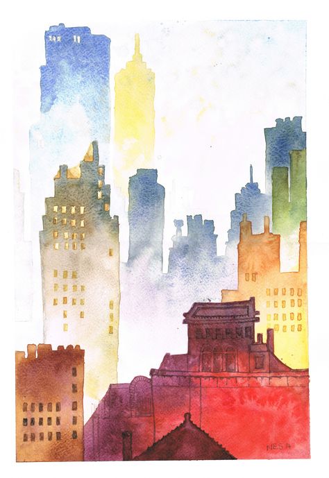 Watercolor Cityscape Easy, Watercolor City Easy, Abstract Architecture Painting, Watercolour Cityscape, Watercolor Art City, City Watercolor Painting, Watercolor Cities, Watercolor Building, City Watercolor