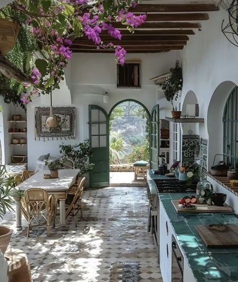 Greece Style Kitchen, Greek Style House Exterior, Greek House Bloxburg, Greek Kitchen Design, Greek Style Kitchen, Italian Villa Aesthetic, Greece Kitchen, Italian Countryside House, Greek Houses Exterior