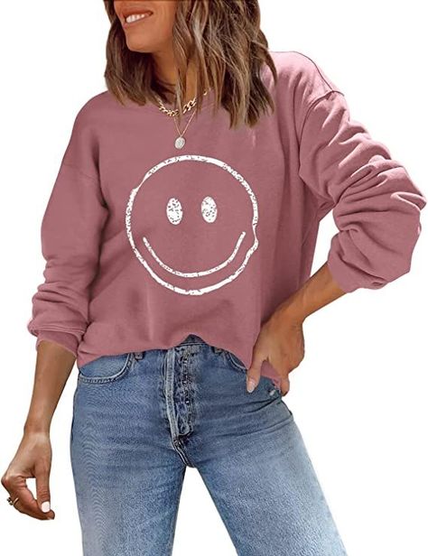 Cute Trendy Vintage Graphic Sweatshirts Casual Loose Long Sleeve Crewneck Tops Attractive Clothing, Crewneck Sweatshirt Women, Casual Tunics, Loose Long Sleeve, Sweatshirt Cute, Branded Sweatshirts, Happy Face, Smile Face, Vintage Sweatshirt