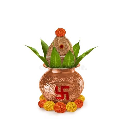 Copper and gold kalash with coconut and mango leaf with marigold flower decoration at the bottom for hindu puja for all hindu pooj royalty free illustration Pooja Kalash Images, Kalasam Images, Kalash Images, Kalash Png, Ganesh Sthapna, Marigold Flower Decoration, Lagna Patrika, Hinduism Culture, About Hinduism