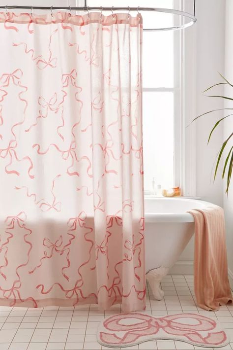 Cozy Coquette | Coquette + Femme Home Décor | Urban Outfitters Coquette Bathroom Decor, Bow Bathroom, Coquette Bathroom, Urban Outfitters Bathroom, Coquette Home, Cozy Coquette, Pink Bath Towels, Pink Shower Curtain, Pink Shower Curtains