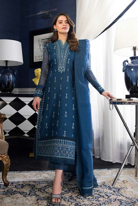 Blue Velvet Shirt, Minal Khan, Asim Jofa, Trouser Design, Embroidered Sleeves, Velvet Shirt, Embroidered Border, Cerulean Blue, Silk Trousers