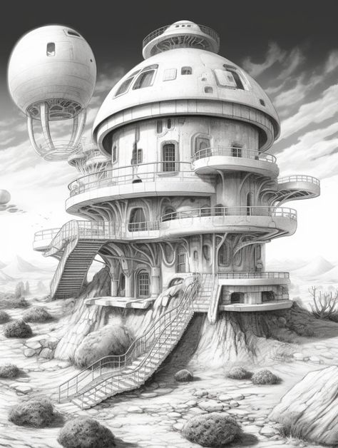 Alien House Sims 4, Alien Building, Futuristic Houses, Grayscale Illustration, Alien House, Highlighting Techniques, Free Adult Coloring Printables, Futuristic House, Coloring Printables