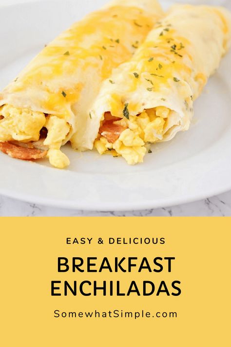 These amazing breakfast enchiladas are a fun twist on a traditional breakfast recipe! They're loaded with eggs, bacon, and cheese, and they are so delicious! The best part is that these breakfast enchiladas are that they can be frozen so you can make them ahead of time. via @somewhatsimple Breakfast Enchiladas Sausage, Breakfast Enchiladas Pioneer Woman, Breakfast Enchiladas Easy, Breakfast Enchiladas Make Ahead, Egg Enchiladas, Toast Recipe Breakfast, Breakfast Enchiladas, Enchilada Recipe, Amazing Breakfast