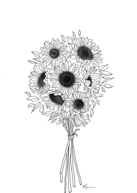 Bouquet sunflower Sunflower Vase Tattoo, Sunflower Bouquet Drawing, Sunflower Bouquet Tattoo, Bouquet Sunflower, Flower Bouquet Drawing, Sunflower Vase, Embroidery Painting, Sunflower Drawing, Bouquet Tattoo