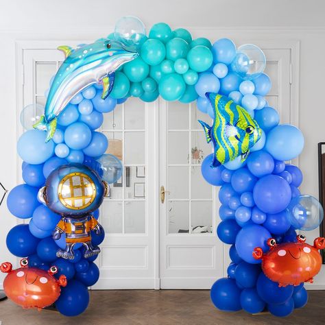 Under The Sea Balloon Arch, Ocean Birthday Theme, Underwater Birthday, Ocean Baby Showers, Shark Themed Birthday Party, Bubblegum Balloons, Ocean Birthday, Sea Birthday Party, Under The Sea Theme