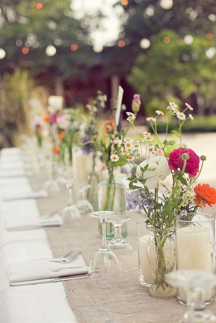 Christy + Phil Wedding | Wildflower Center by thesimplifiers, via Flickr Hiasan Perkahwinan, Flowers And Candles, Deco Champetre, Dinner Party Decorations, Boho Wedding Decorations, Wildflower Wedding, Deco Floral, Wedding Arrangements, Garden Parties