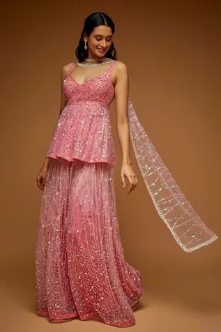 Shop for Neeta Lulla Pink Tulle Raisel Sequin And Crystal Embroidered Kurta Sharara Set for Women Online at Aza Fashions Sequin Kurti, Indian Dress Up, Sharara Designs, Desi Dress, Kurta Sharara Set, Trendy Outfits Indian, Diwali Outfits, Neeta Lulla, Kurta Sharara