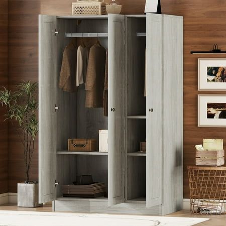 Description Modern 3-door bedroom wardrobe, shelves and hanging rail. Ideal for bedrooms with a modern decor theme. Gray will match most modern room decor themes according to most interior designers. The storage combination provided on this free-standing wardrobe will allow the user to arrange all items without having to compromise on the look of their bedroom. Long modern black handles add quality to this wonderful wardrobe. Larger than most 3-door wardrobes yet small enough to fit into small b Room Decor Themes, Standing Wardrobe, Wardrobe With Shelves, Closet Storage Cabinets, Wardrobe Shelves, Freestanding Wardrobe, Modern Armoire, Armoire Wardrobe Closet, Free Standing Wardrobe