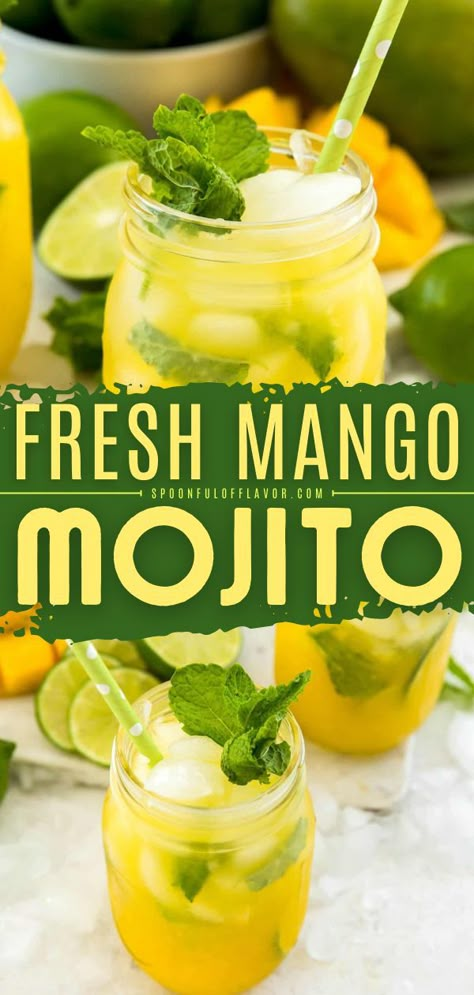 Mango Mojito, summer cocktail recipes, alcoholic drinks for summer Mexican Mojito Recipe, Virgin Mango Mojito, Mango Mojito Recipe Non Alcoholic, Mango Mint Mojito, Mango Liquor Drinks, Tropical Mojito Recipe, Mango Mojito Mocktail, Flavored Mojito Recipe, Mango Drinks Alcohol