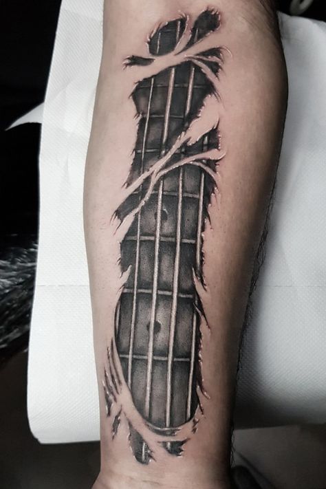 Custom bass guitar 😊 | By Vanesa Charmani | Done at Crescent Tattoo Shop | Jul 27th 2019 | 1112145 Guitar Arm Tattoo, Electric Guitar Tattoo For Men, Western Guitar Tattoo, Guitar Strings Tattoo, Guitar Sleeve Tattoo, Cool Guitar Tattoos, Bass Guitar Tattoos, Guitar Neck Tattoo, Fretboard Tattoo