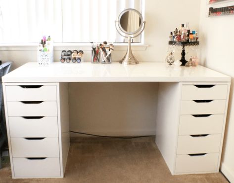 2 Alex drawer units Linnmon table top in high gloss/white, 59″ x 29 1/2″ Vanities Makeup, Ikea Pieces, Ikea Makeup Storage, Linnmon Table Top, Ikea Makeup Vanity, Table Organization, Ikea Makeup, Makeup Tables, Ikea Vanity