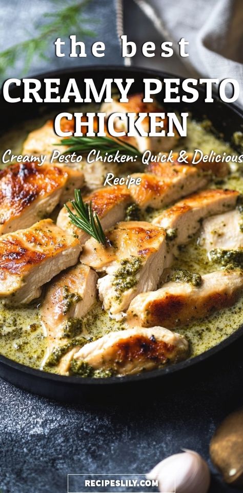 Indulge in this delicious Creamy Pesto Chicken recipe that’s perfect for busy weeknights! Juicy chicken breasts are smothered in a rich, homemade creamy pesto sauce made with fresh basil, garlic, and Parmesan. Simple to prepare and packed with flavor, this dish will elevate your dinner game and impress your family or guests. Serve it over pasta, rice, or with a fresh salad for a complete meal. Save and share this recipe for a quick, mouthwatering dinner that will have everyone asking for seconds! Chicken With Basil Pesto, How To Make Pesto Chicken, Chicken With Pesto Pasta, Chicken Pesto Ravioli, Chicken Basil Pesto Pasta, Cooking With Pesto Easy Recipes, Pesto Chicken And Gnocchi, Chicken Breast Pesto Recipes, Creamy Pesto Recipe