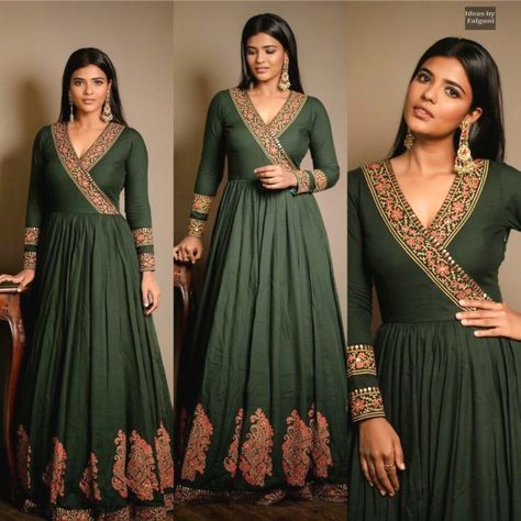 High Neck Salwar Suit Design, Sabyasachi Anarkali Gowns, Gown Patterns For Women, Long Gown Designs Indian, Long Traditional Gowns Indian, Angrakha Gown, Kurti From Saree, Long Dresses Indian Style, Long Gown Dress From Saree