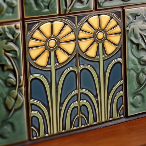 Sunflowers Art, Hydrangeas Art, Art Deco Tiles, Green Wall Decor, Art Nouveau Tiles, Symmetry Art, Poppy Art, Art Deco Floral, Floral Tiles