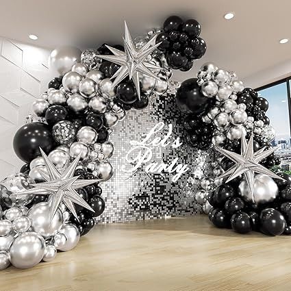 Amazon.com: FOTIOMRG Black and Silver Balloons Garland Arch Kit with 3pcs Starburst Balloon, Metallic Sliver and Black Balloons for Birthday Graduation Baby Shower Disco New Years Party Decorations : Toys & Games Silver Prom Decorations, Silver And Black Party Decorations, Black And Silver Decor, Black And Silver Balloons, 70s Theme Party Decorations, Starburst Balloon, Balloon Metallic, New Years Party Decorations, Black And Silver Party