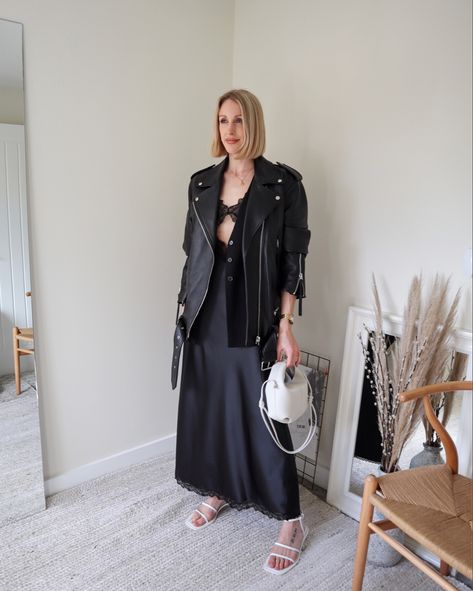 Polene Bag Beri, Polene Beri Outfits, Polene Beri, Polene Bag Outfit, Charlotte Buttrick, Black Poplin Dress, Casual Leather Jacket Outfit, Black Leather Jacket Outfit, Black Satin Slip Dress