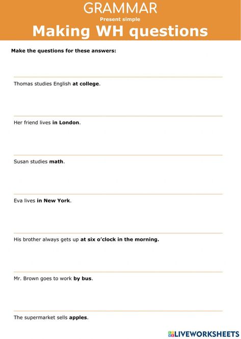 Wh Questions Worksheet, Wh Questions Exercises, Who What Where, Simple Present Tense, Wh Questions, English As A Second Language (esl), English As A Second Language, Second Language, English Study