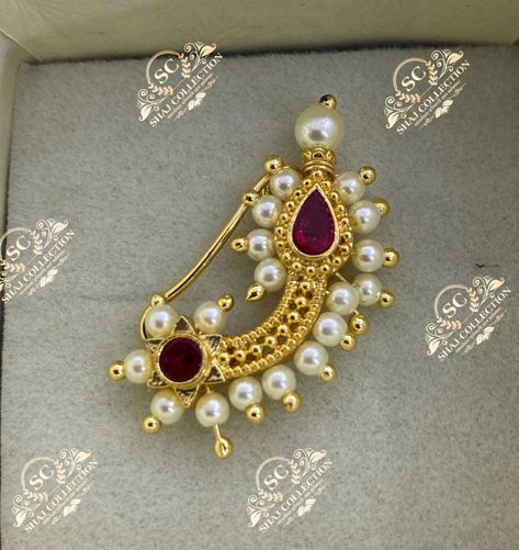 Nosepins Indian Gold, Maharashtrian Rukhwat Ideas, Maharashtrian Nath Designs, Marathi Jewellery, Moti Jewellery, Nath Designs, Maharashtrian Nath, Nath Design, Buddhist Wedding