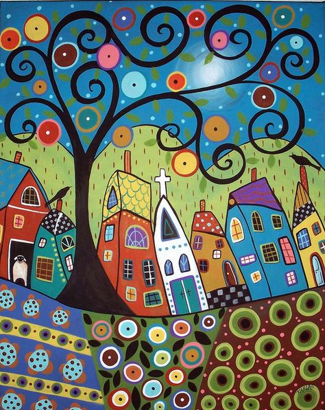 BarnSheep by artist, Karla Gerard. That tree might be the basis for the large-scale tree I want to do on the wall. Karla Gerard, زجاج ملون, Arte Popular, Naive Art, Folk Art Painting, Mail Art, Whimsical Art, 그림 그리기, Art Classes