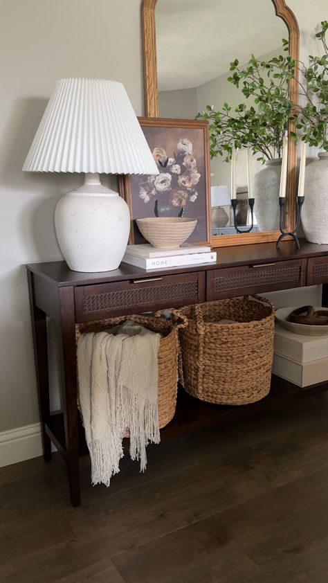 Shop East Bluff Woven Drawer Console … and other curated products on LTK, the easiest way to shop everything from your favorite creators. Entry With Console Table, Entryway Table With Baskets, How To Style A Entryway Table, Fall Entry Table Decor Ideas Console Tables, Styling Console Table Living Rooms, Styling A Credenza, Console Table With Baskets, Entryway Decor Modern Luxury, Side Board Decor