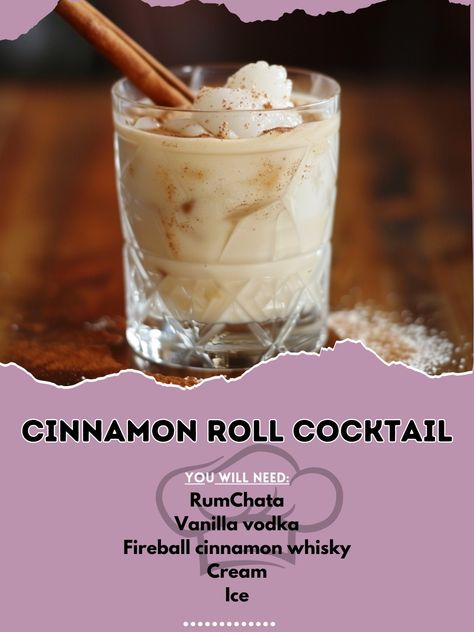 🍂🍸 Savor the flavors of fall with a cozy Cinnamon Roll Cocktail! #FallDrinks #CozyCocktail Cinnamon Roll Cocktail Ingredients: RumChata (1 oz) Vanilla vodka (1 oz) Fireball cinnamon whisky (1 oz) Cream (1 oz) Ice (for shaking) Cinnamon stick (for garnish) Ground cinnamon (for garnish) Instructions: In a shaker, combine RumChata, vanilla vodka, Fireball cinnamon whisky, cream, and ice. Shake well and strain into a glass. Garnish with a cinnamon stick and a sprinkle of ground cinnamon. 🍹✨ T... Crown Vanilla Drinks Recipes, Vanilla Rum Drinks Recipes, Mixed Drinks With Fireball, Vanilla Drink Recipes, Fireball Mixed Drinks, Cinnamon Cocktails, Vanilla Vodka Drinks, Vanilla Cocktail, Cinnamon Cocktail