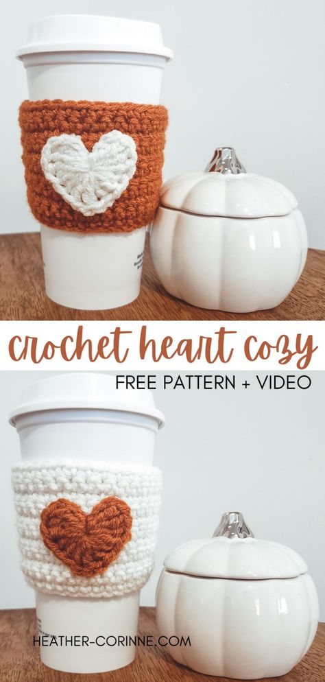 Pinterest graphic for the crochet tiny heart cozy free pattern plus video tutorial at heather-corinne.com Crochet Koozie, Cup Cozy Crochet Pattern, Coffee Cozy Pattern, Crochet Kingdom, Cup Cozy Pattern, Cozy Ideas, Crochet Mug Cozy, Crochet Coffee Cozy, Quick Crochet Projects