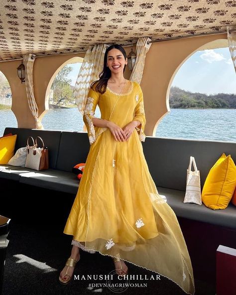 Yellow Haldi Outfit, Yellow Anarkali Suits, Anarkali Patterns, Yellow Anarkali, Manushi Chhillar, Pure Chiffon Sarees, Haldi Outfit, Indian Anarkali, Function Dresses