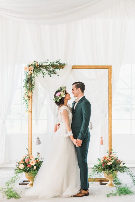 Gold frame wedding backdrop accented with rustic flowers // Bohemian pre-wedding styled shoot session with celebrity Nadiah Din {Facebook and Instagram: The Wedding Scoop} Colorful Rustic, Rustic Dresses, Wedding Arch Rustic, Reception Backdrop, Flowers Colorful, Wedding Altars, Wedding Ceremony Backdrop, Wedding Table Flowers, Trendy Wedding Dresses