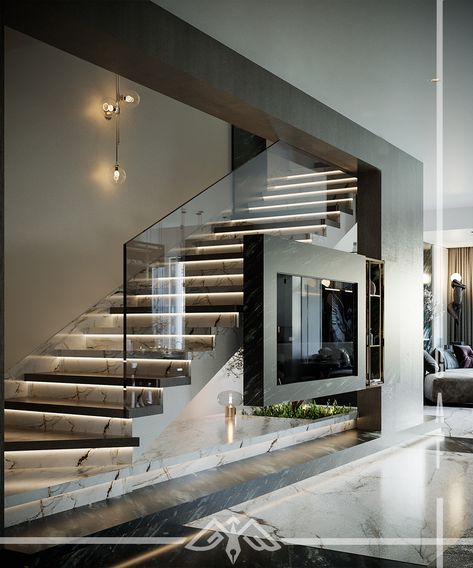 Interior Stairs Design Ideas, House Design With Parking, Staircase Design Modern Luxury Homes, Living Room With Staircase, Steps Design Interior Stairs, Luxury Villa Interior Design, Marble Floor Living Room, Staircase In Living Room, Luxury Stairs