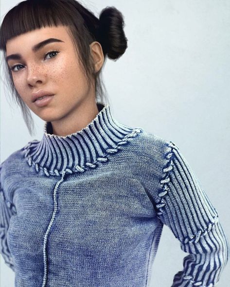 Knorts Denim, Lil Miquela, Striped Knitwear, Nylon Magazine, Denim Projects, Knit Outerwear, Knit Denim, Denim Crafts, Pat Mcgrath