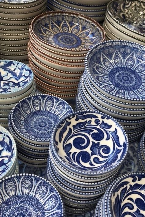 Greek China Pattern, Mediterranean Ceramic Plates, Greek Plates, Mediterranean Plates, Ceramic Plates Art, Summer Villa, Unmade Bed, Moroccan Interior Design, Moroccan Style Interior