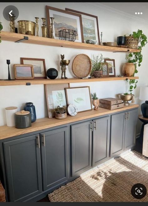 Buffet With Shelves Above, Buffet Cabinet Diy, Sideboard With Shelves Above, Built In Buffet Dining Room, Farmhouse Dinnerware Sets, Living Room Sideboard, Diy Sideboard, Farmhouse Living Room Ideas, Diy Furniture Building