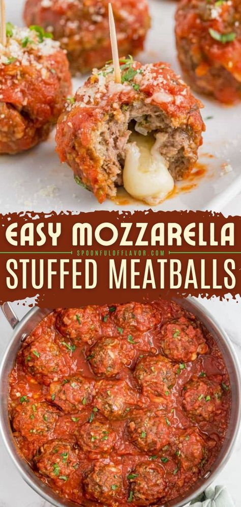 Easy Mozzarella Stuffed Meatballs, Game day food, football party finger foods, best snack ideas for Game day Meatball With Cheese Inside, Stuff Meatballs With Cheese, Mozzarella Meatballs, Cheese Meatballs, Baked Mozzarella, Pizza Marinara, Meatballs Recipes, Pork Dinners, Pork Bites