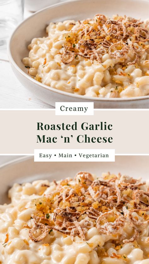 Roasted Garlic Mac n Cheese Roasted Garlic Mac And Cheese, Garlic Mac And Cheese Recipe, Garlic Mac And Cheese, Mains Recipes, Crispy Shallots, M&m Recipe, Garlic Head, Crispy Onions, Mac N Cheese Recipe