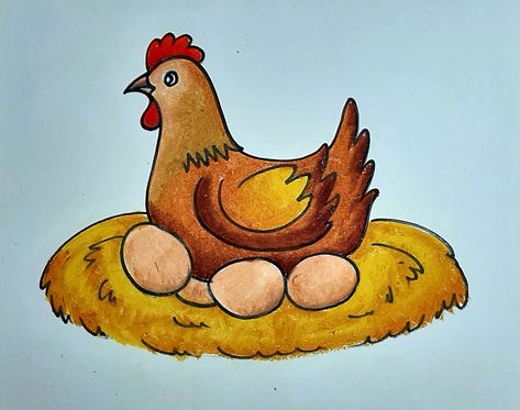 Drawing lesson Hen with eggs Drawing For Class 4 Students, Hen Drawing Easy, Hen Drawing For Kids, Animals Drawing For Kids, Bird Drawings Easy, Drawing For Students, Hen And Chicks Succulent, Hen Drawing, Chicks Clipart