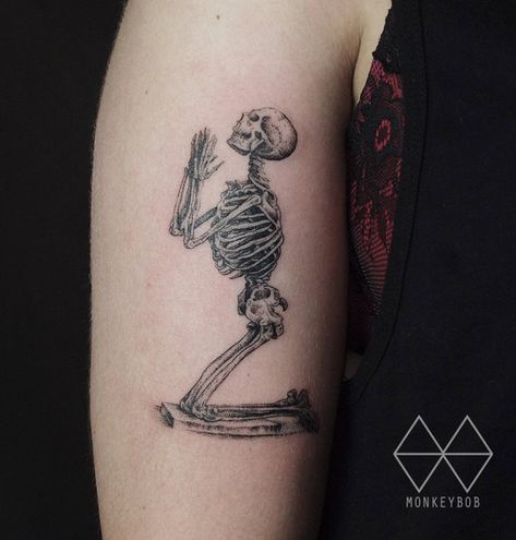 Praying Skeleton Fate Tattoo, Praying Skeleton, Skeleton Tattoo, Skeleton Tattoos, Chest Piece Tattoos, Medusa Tattoo, Skull Tattoo Design, 1 Tattoo, Dark Tattoo